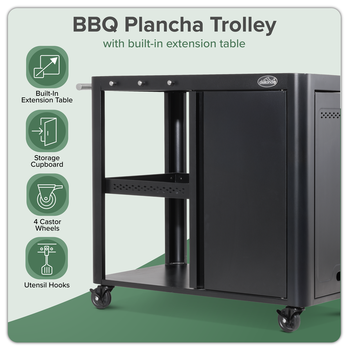 BBQ/Plancha Trolley with Cupboard, Extension Table & Utensil Hooks - Black DG282