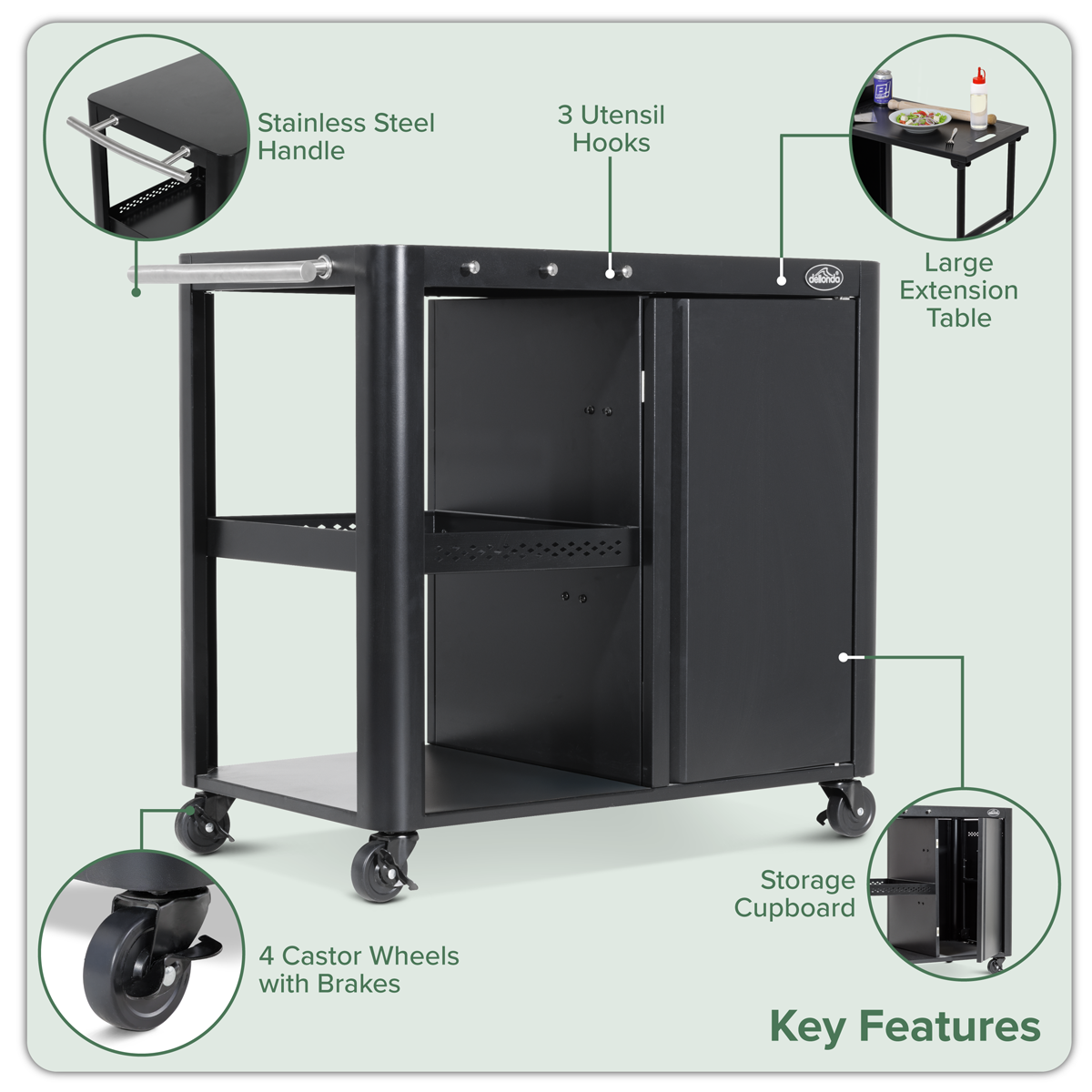 Dellonda BBQ/Plancha Trolley with Cupboard, Extension Table & Utensil Hooks - Black DG282