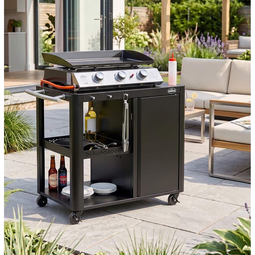 BBQ/Plancha Trolley with Cupboard, Extension Table & Utensil Hooks - Black DG282