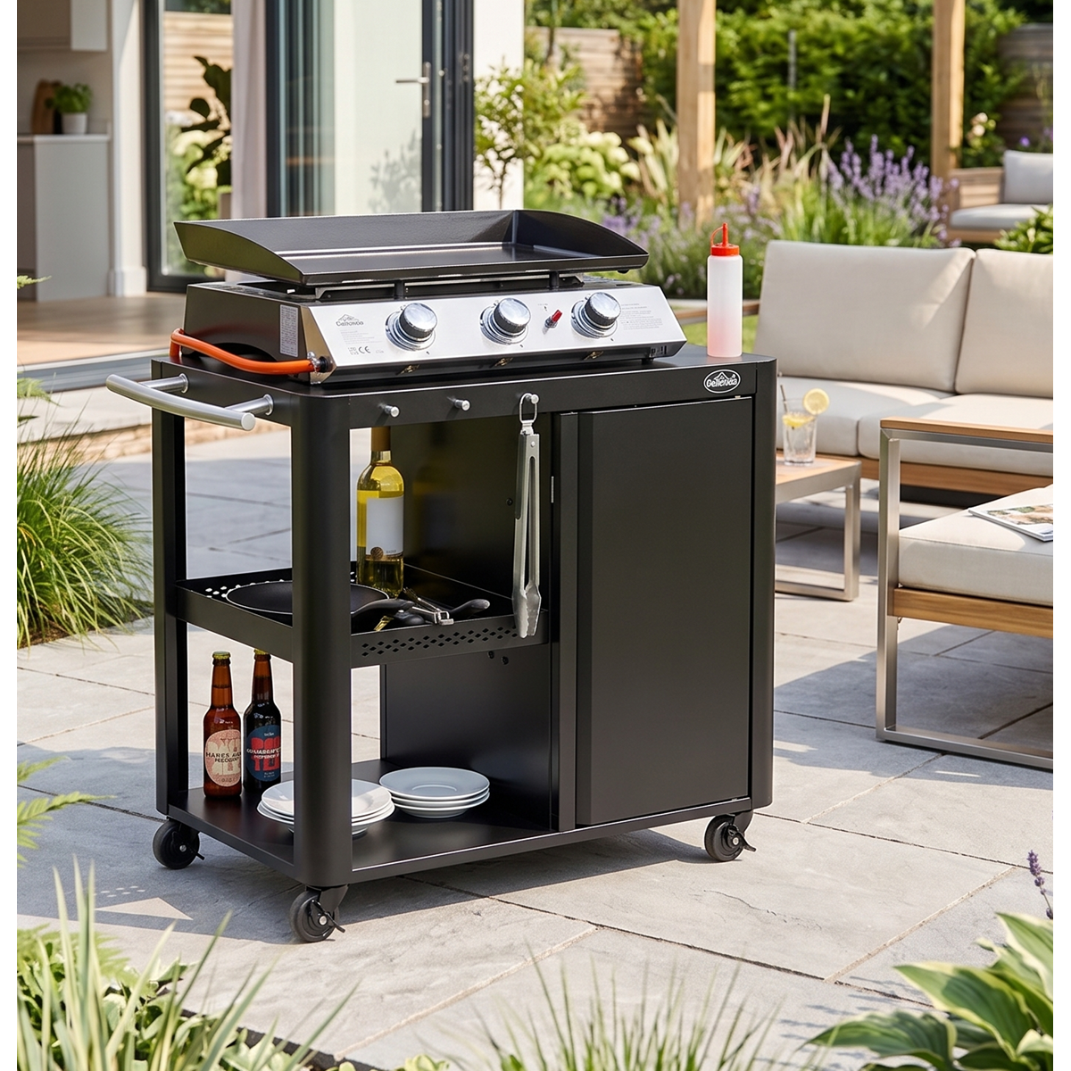 BBQ/Plancha Trolley with Cupboard, Extension Table & Utensil Hooks - Black DG282
