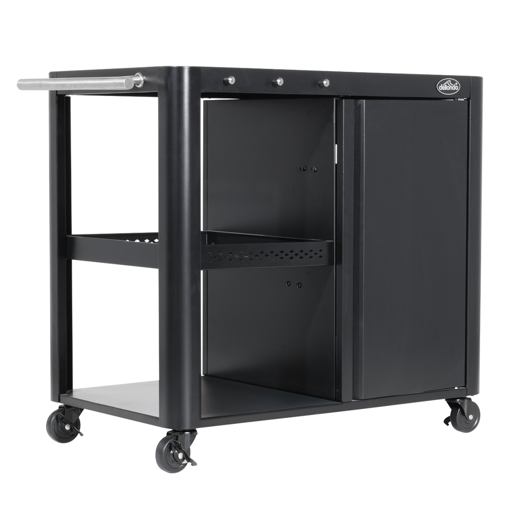 BBQ/Plancha Trolley with Cupboard, Extension Table & Utensil Hooks - Black DG282