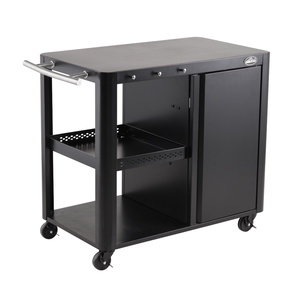 Dellonda BBQ/Plancha Trolley with Cupboard, Extension Table & Utensil Hooks - Black DG282
