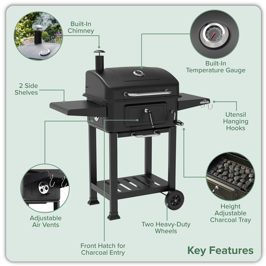 Charcoal Grill BBQ Smoker & Trolley with 2 Side Shelves - Black DG283