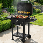 Charcoal Grill BBQ Smoker & Trolley with 2 Side Shelves - Black DG283