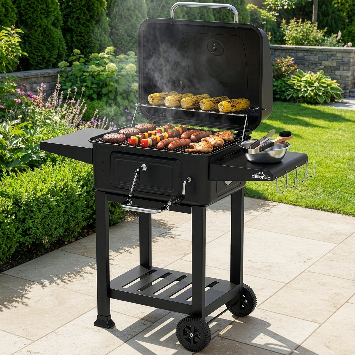 Charcoal Grill BBQ Smoker & Trolley with 2 Side Shelves - Black DG283