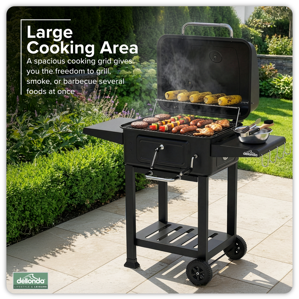 Charcoal Grill BBQ Smoker and Trolley with 2 Side Shelves - Black DG283