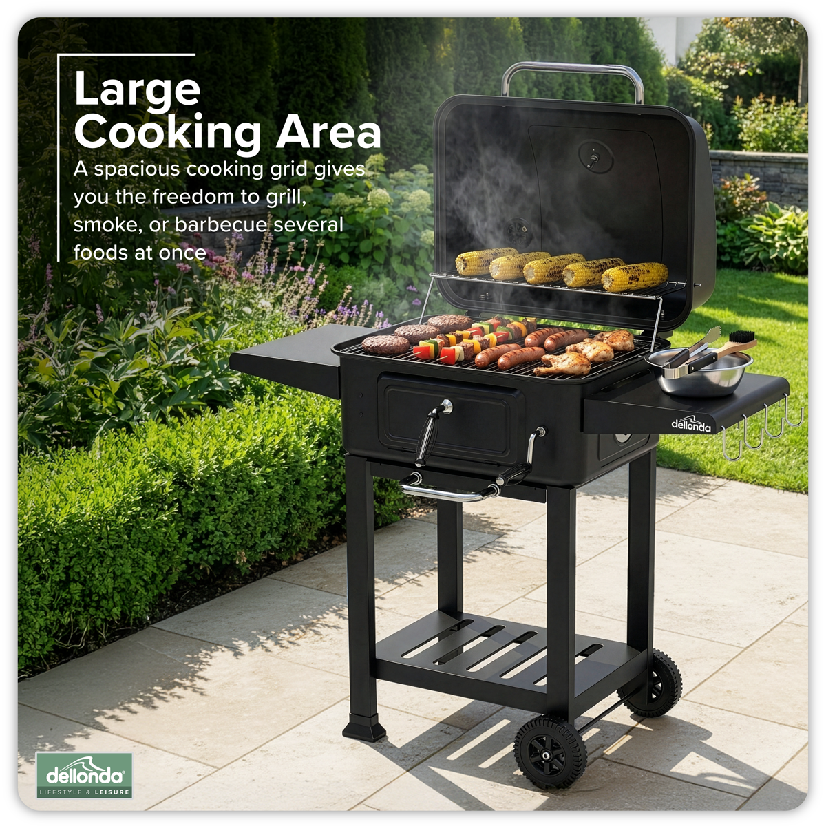 Charcoal Grill BBQ Smoker & Trolley with 2 Side Shelves - Black DG283