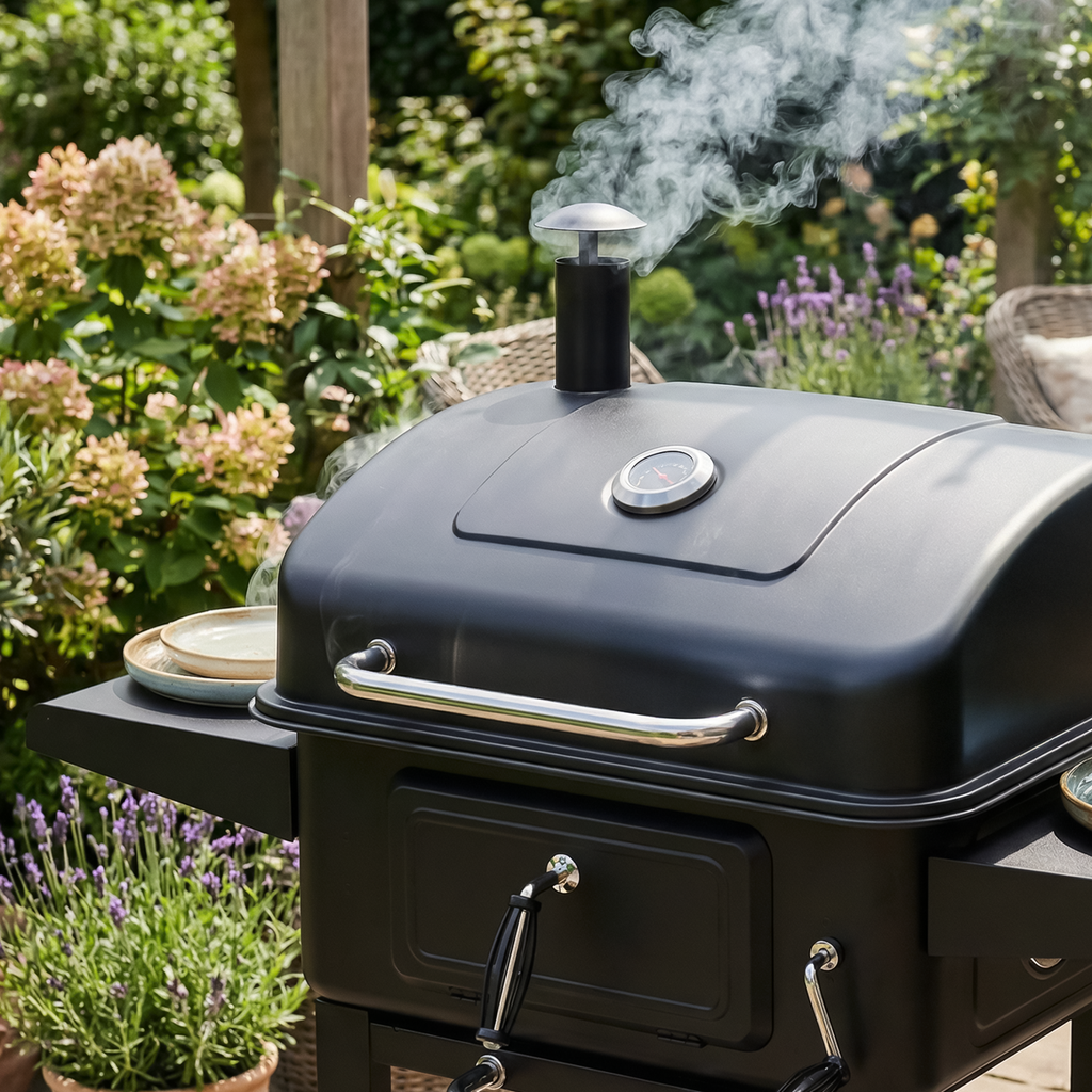 Charcoal Grill BBQ Smoker and Trolley with 2 Side Shelves - Black DG283