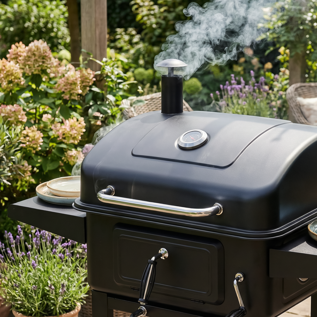 Charcoal Grill BBQ Smoker & Trolley with 2 Side Shelves - Black DG283