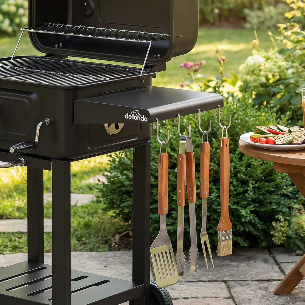 Charcoal Grill BBQ Smoker & Trolley with 2 Side Shelves - Black DG283