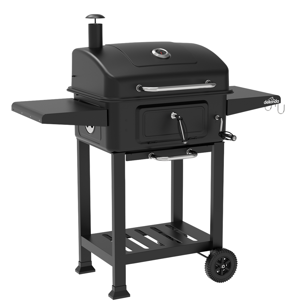 Charcoal Grill BBQ Smoker & Trolley with 2 Side Shelves - Black DG283