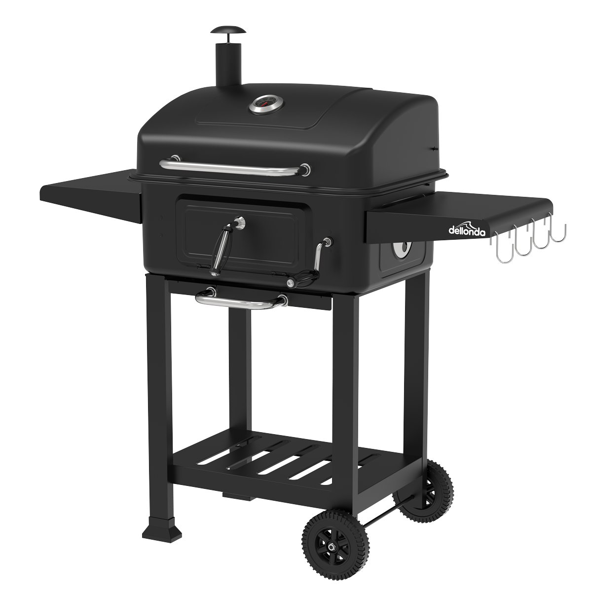 Charcoal Grill BBQ Smoker and Trolley with 2 Side Shelves - Black DG283