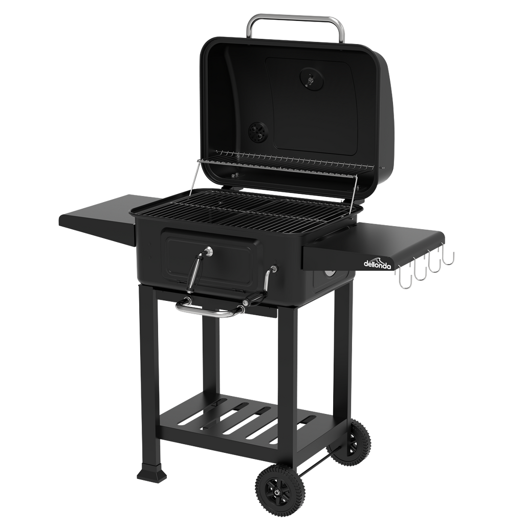 Charcoal Grill BBQ Smoker and Trolley with 2 Side Shelves - Black DG283
