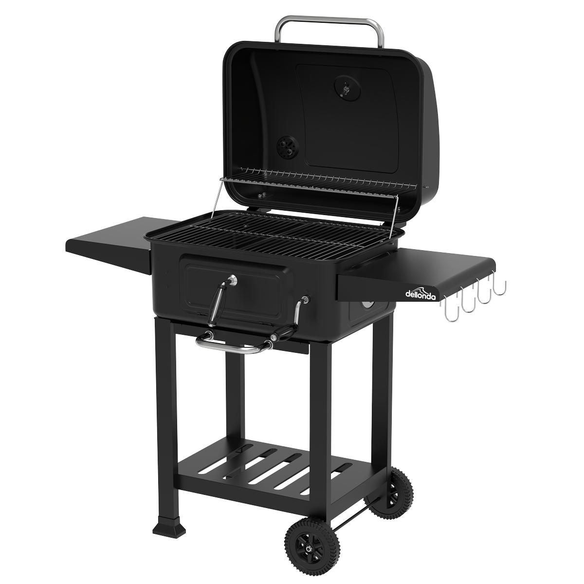 Charcoal Grill BBQ Smoker and Trolley with 2 Side Shelves - Black DG283