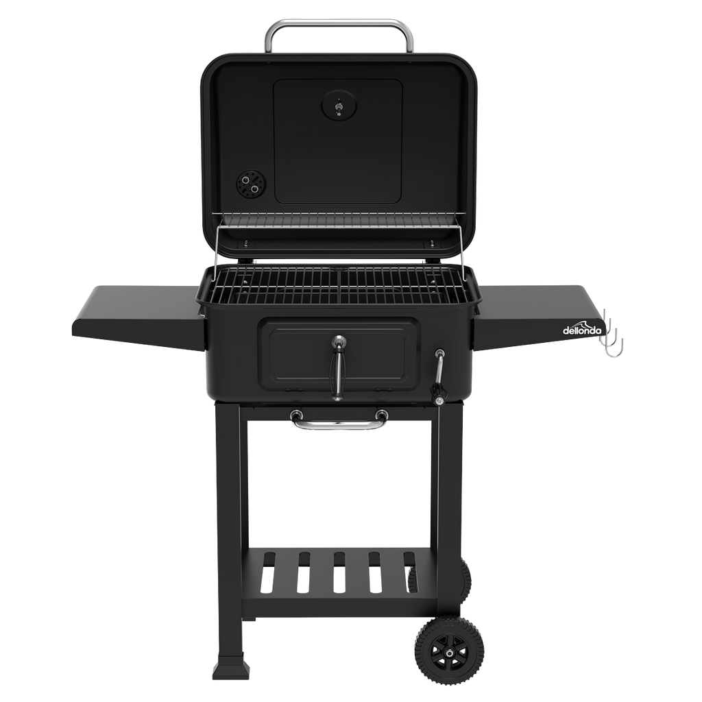 Charcoal Grill BBQ Smoker and Trolley with 2 Side Shelves - Black DG283