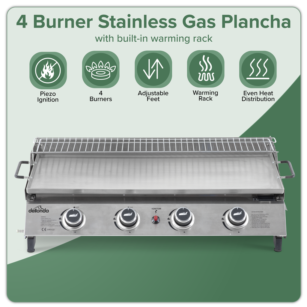 4 Burner Portable Gas Plancha with Warming Rack 10kW & Heavy Duty Cover DG311