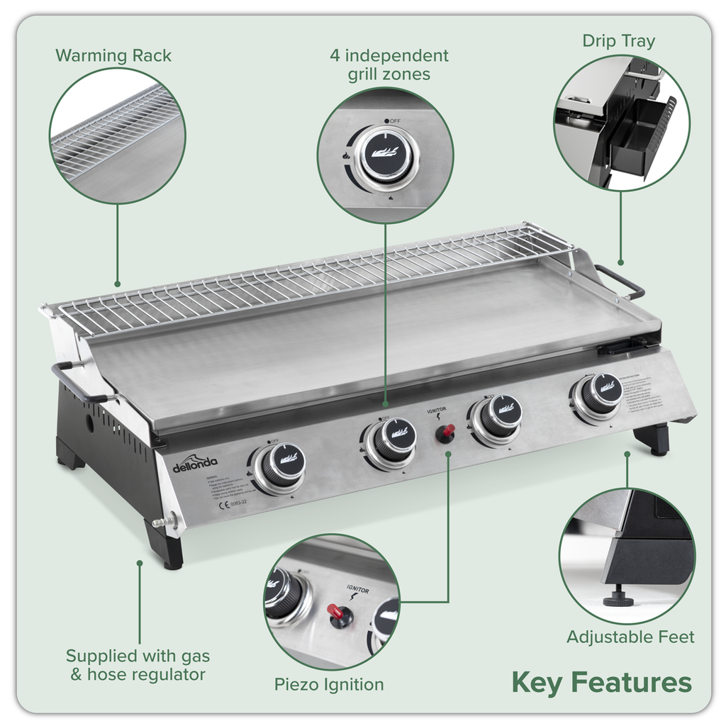 4 Burner Portable Gas Plancha with Warming Rack 10kW & Heavy Duty Cover DG311