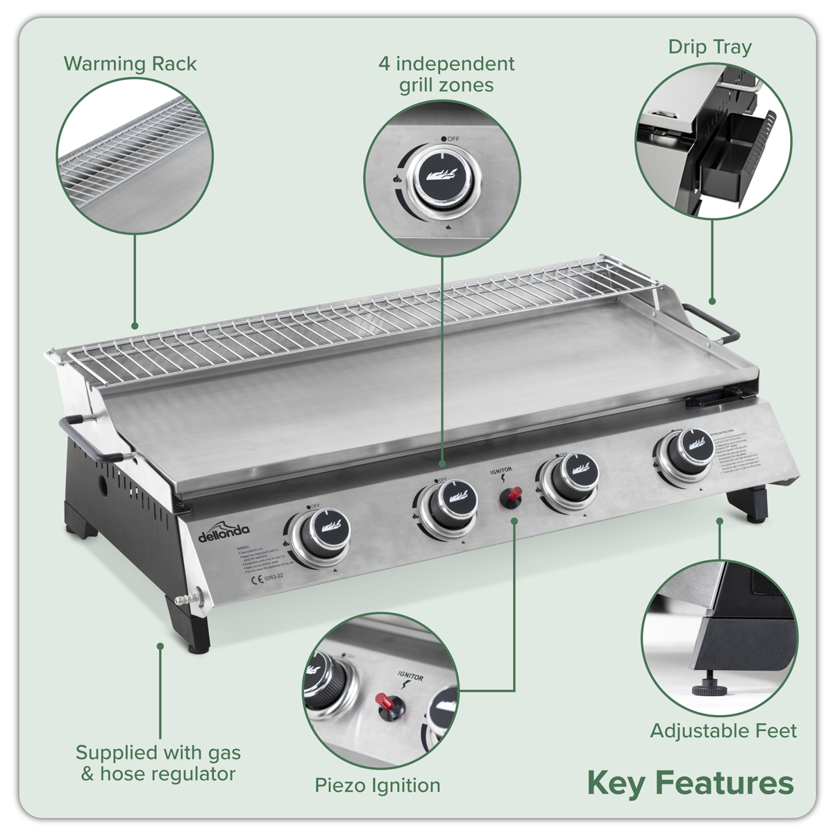 4 Burner Portable Gas Plancha with Warming Rack 10kW & Heavy Duty Cover DG311
