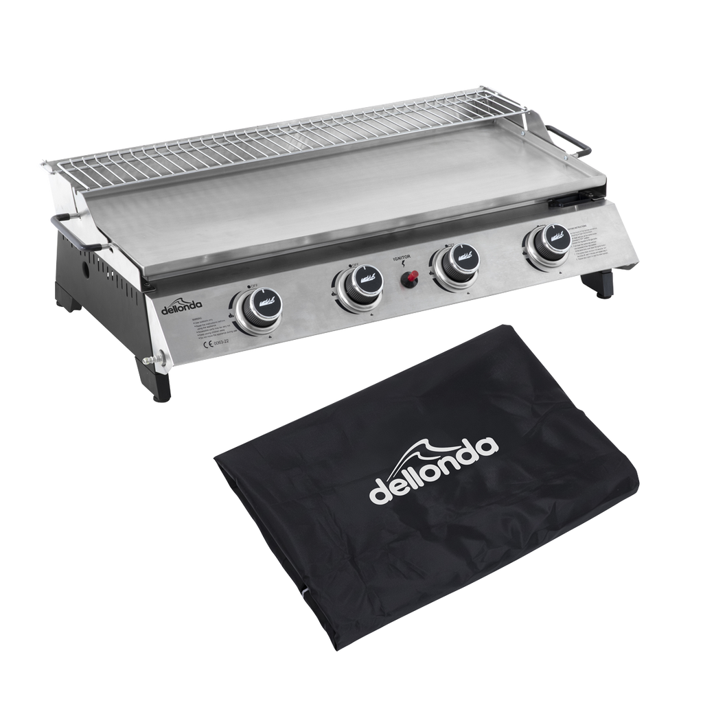 4 Burner Portable Gas Plancha with Warming Rack 10kW & Heavy Duty Cover DG311