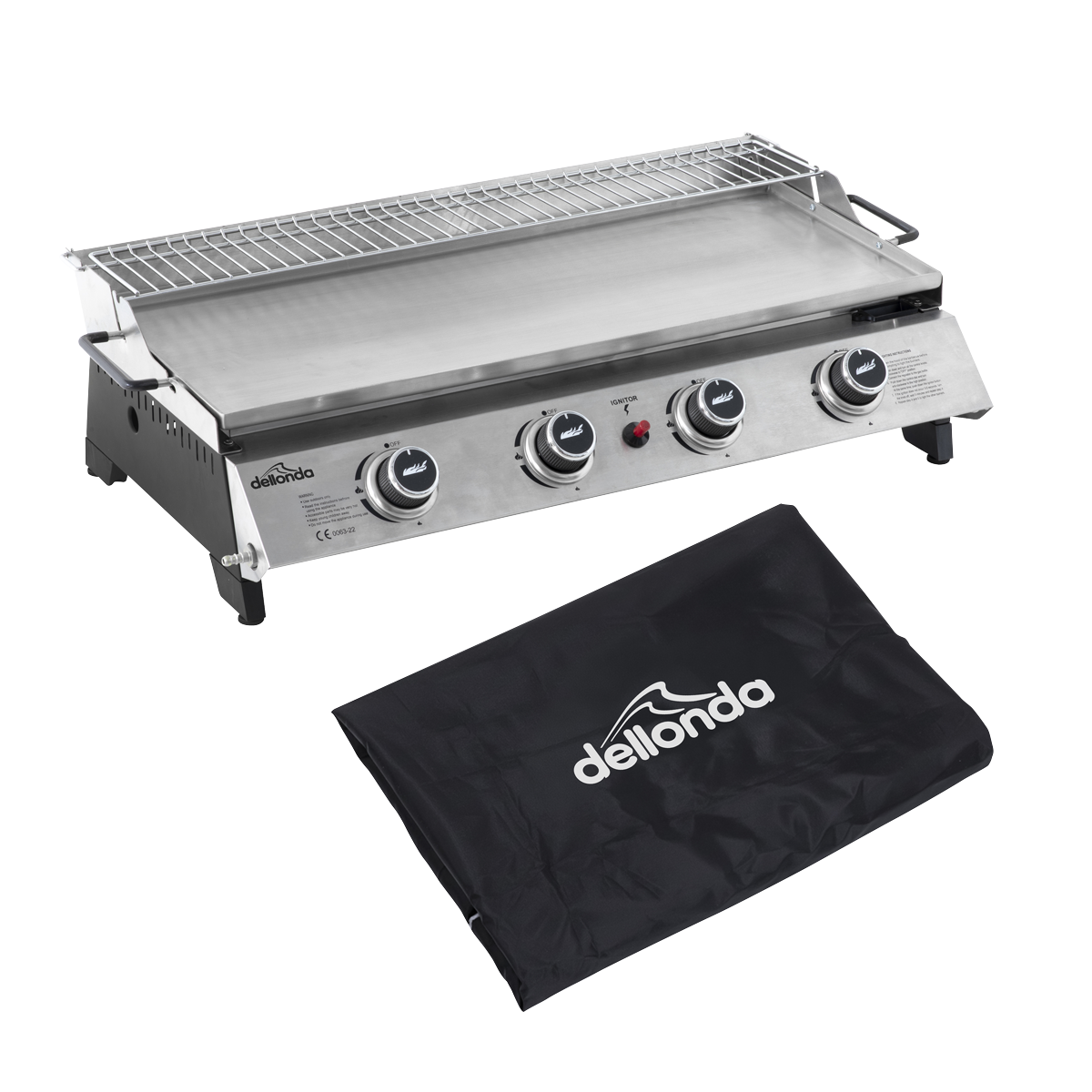 4 Burner Portable Gas Plancha with Warming Rack 10kW & Heavy Duty Cover DG311