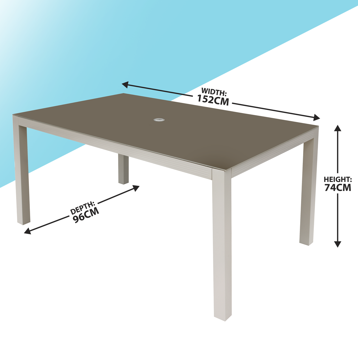 Fusion Aluminium Garden Dining Table with Tempered Glass & Parasol Hole - Light Grey DG51