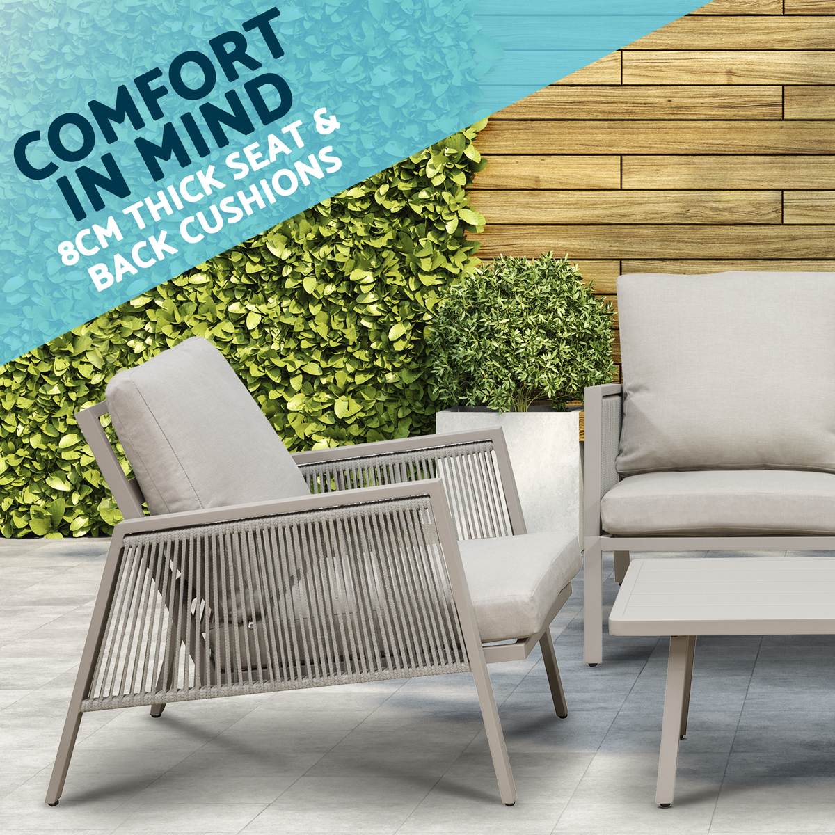 Fusion Aluminium Outdoor Sofa, Arm Chairs & Coffee Table Set 4pc DG56