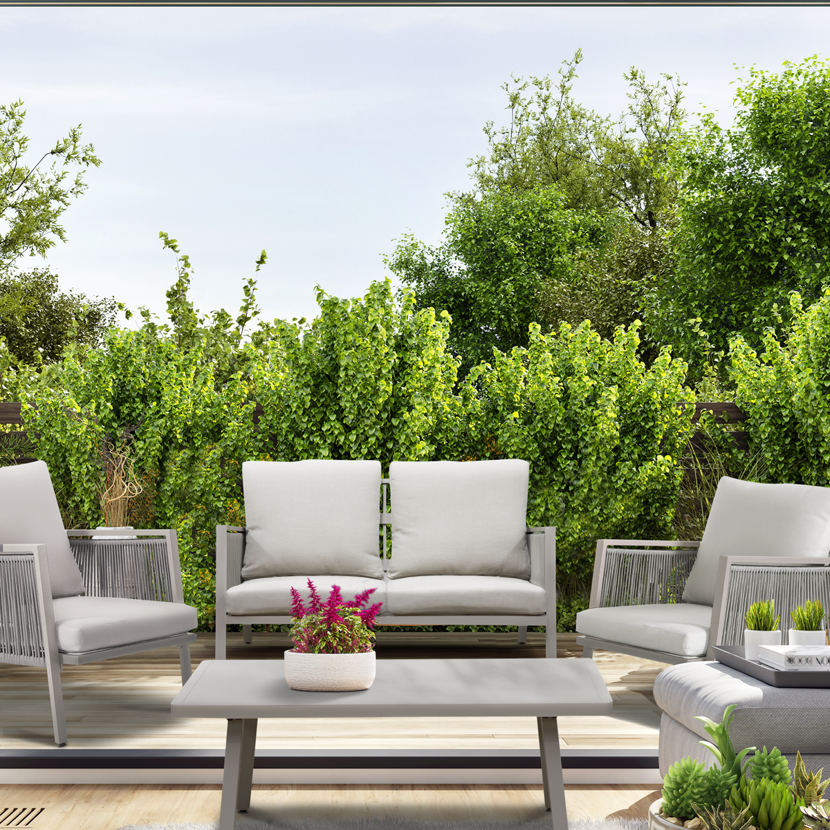 Fusion Aluminium Outdoor Sofa, Arm Chairs & Coffee Table Set 4pc DG56
