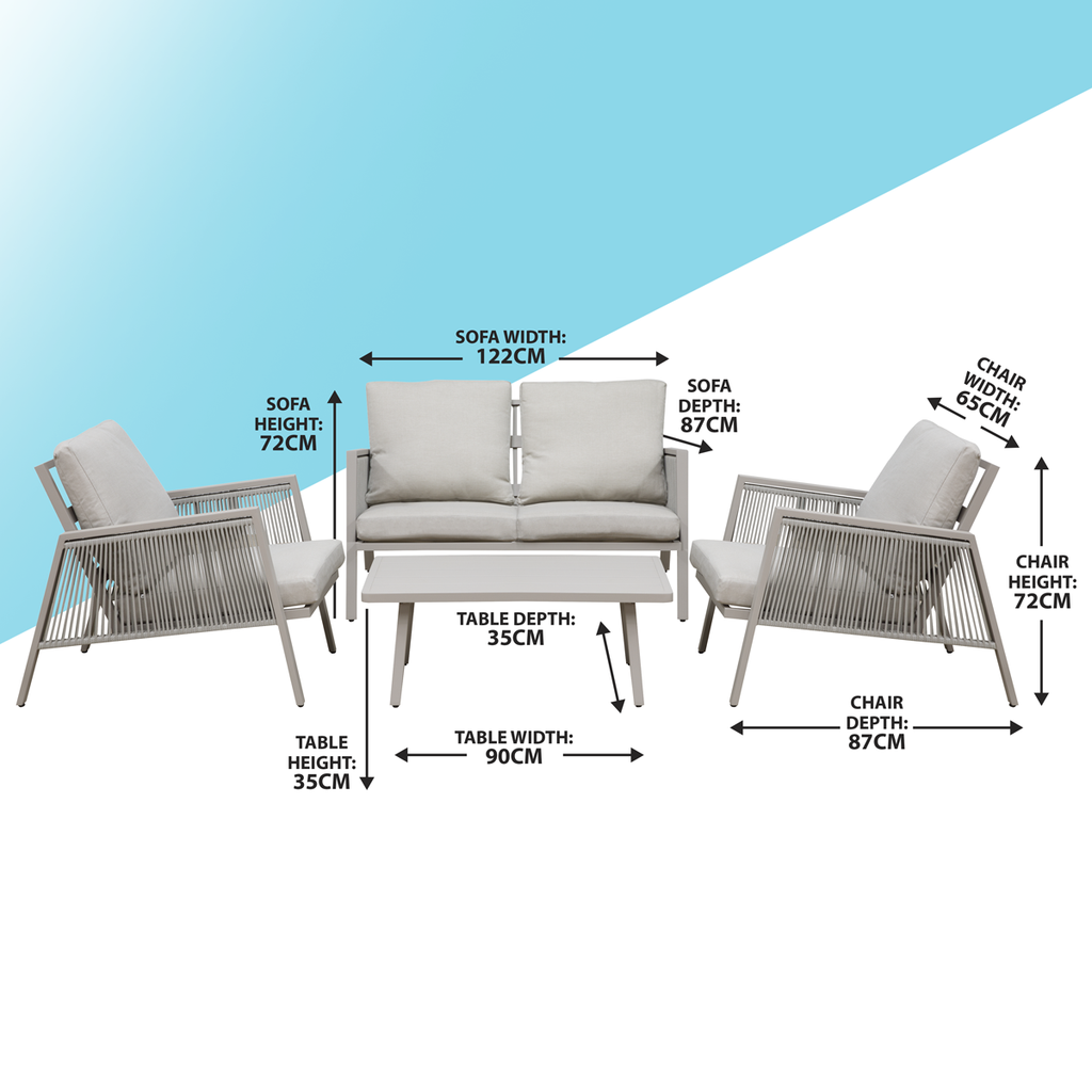 Fusion Aluminium Outdoor Sofa, Arm Chairs & Coffee Table Set 4pc DG56