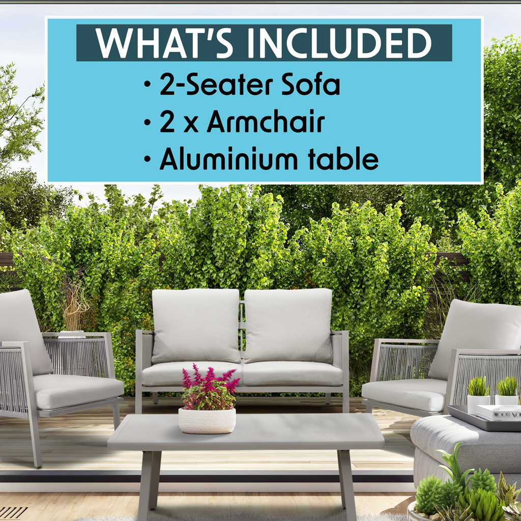 Fusion Aluminium Outdoor Sofa, Arm Chairs & Coffee Table Set 4pc DG56