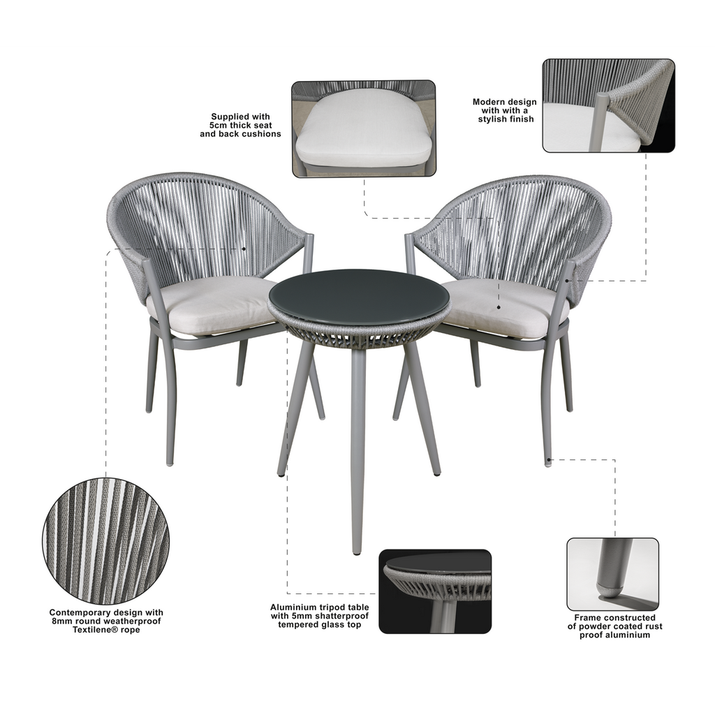 Echo Aluminium Balcony Set with Tempered Glass Tabletop 3pc DG58