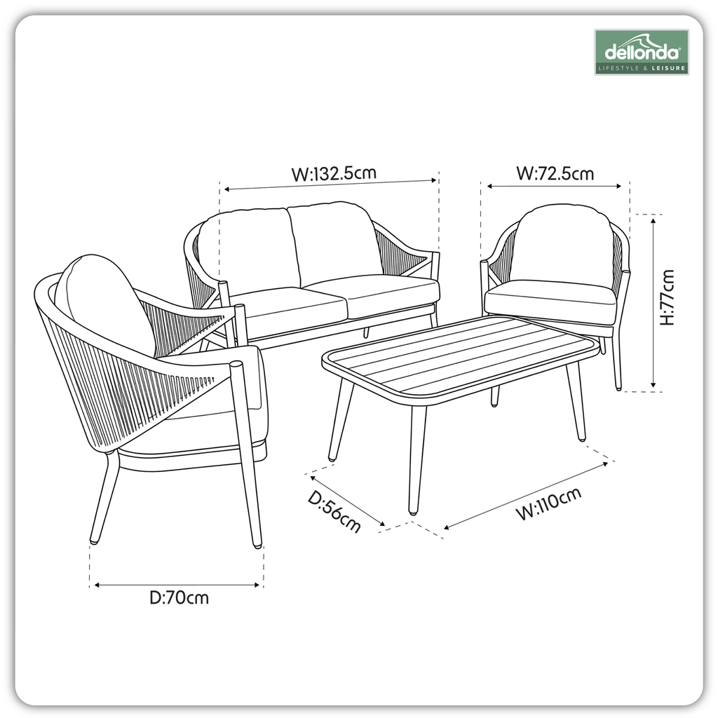 Echo Aluminium Outdoor Sofa, Chair & Coffee Table Set 4pc DG59