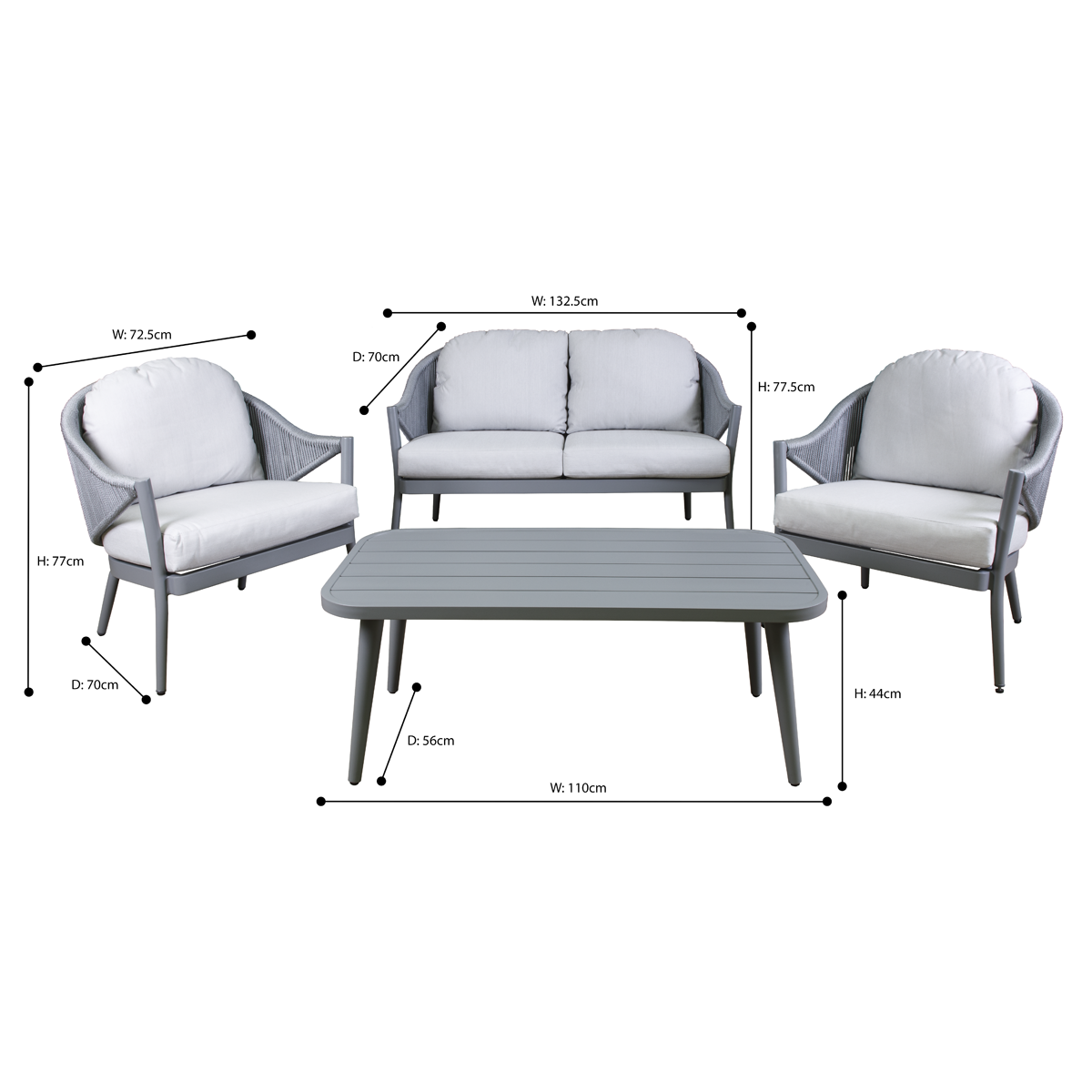 Echo Aluminium Outdoor Sofa, Chair & Coffee Table Set 4pc DG59