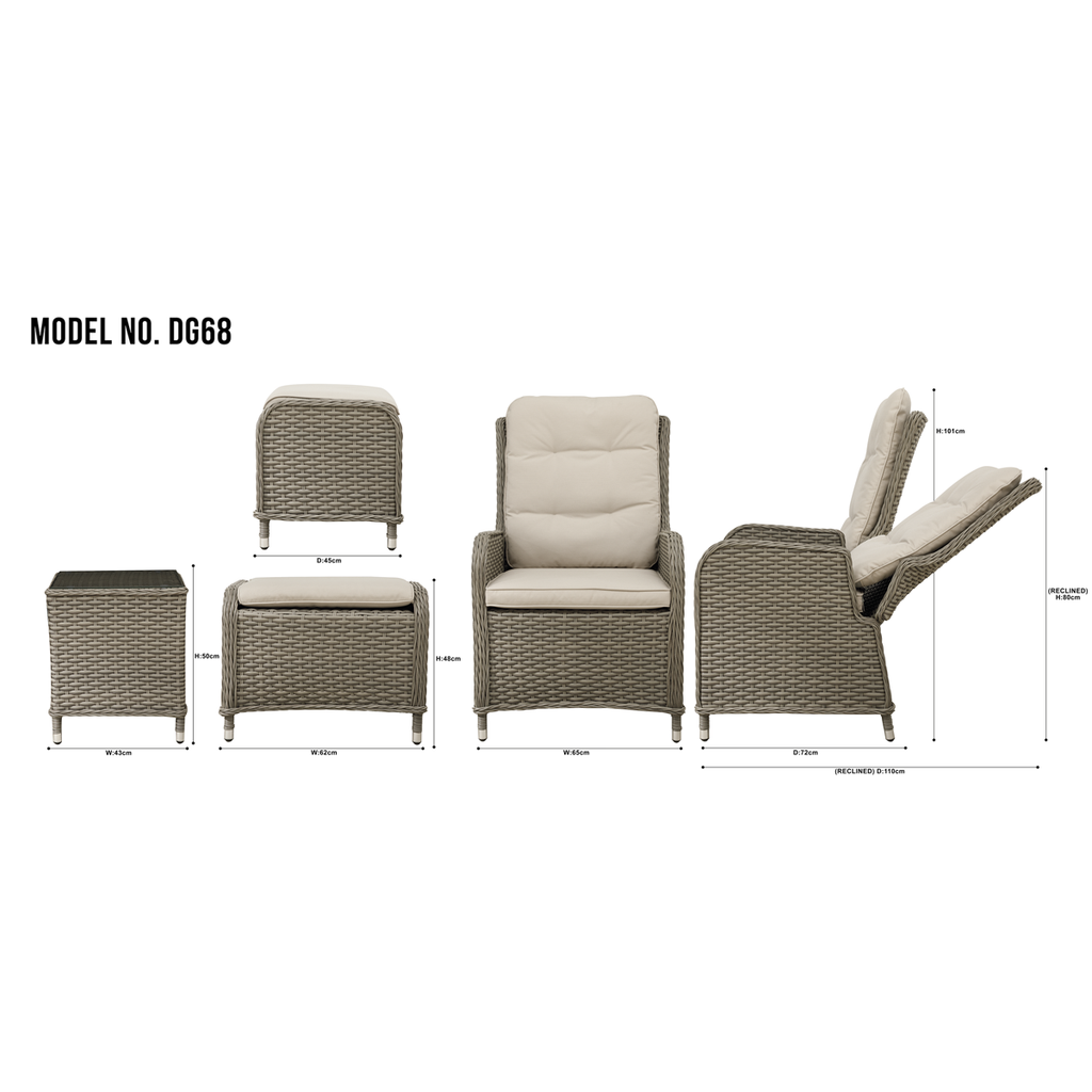 Chester Rattan Wicker Outdoor Recliner Loungers & Table Set 5pc DG68