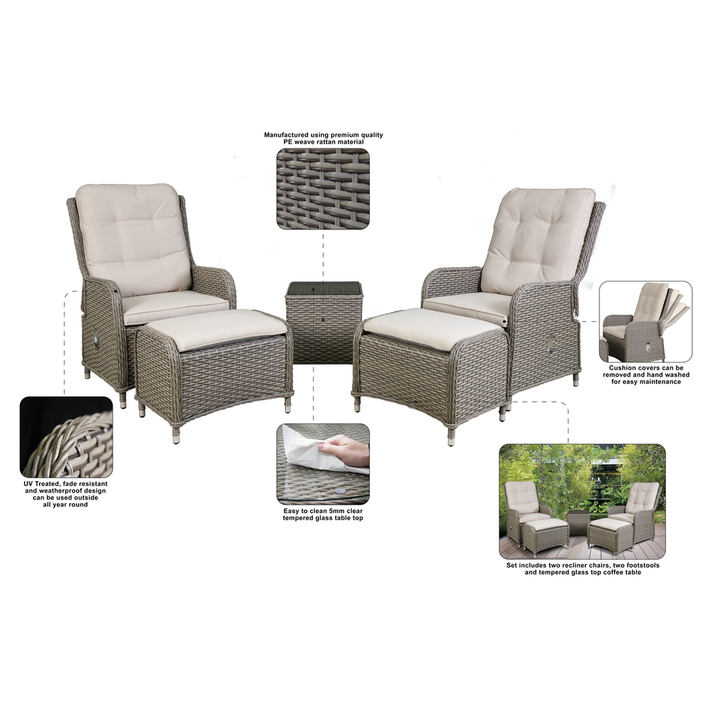 Chester Rattan Wicker Outdoor Recliner Loungers & Table Set 5pc DG68