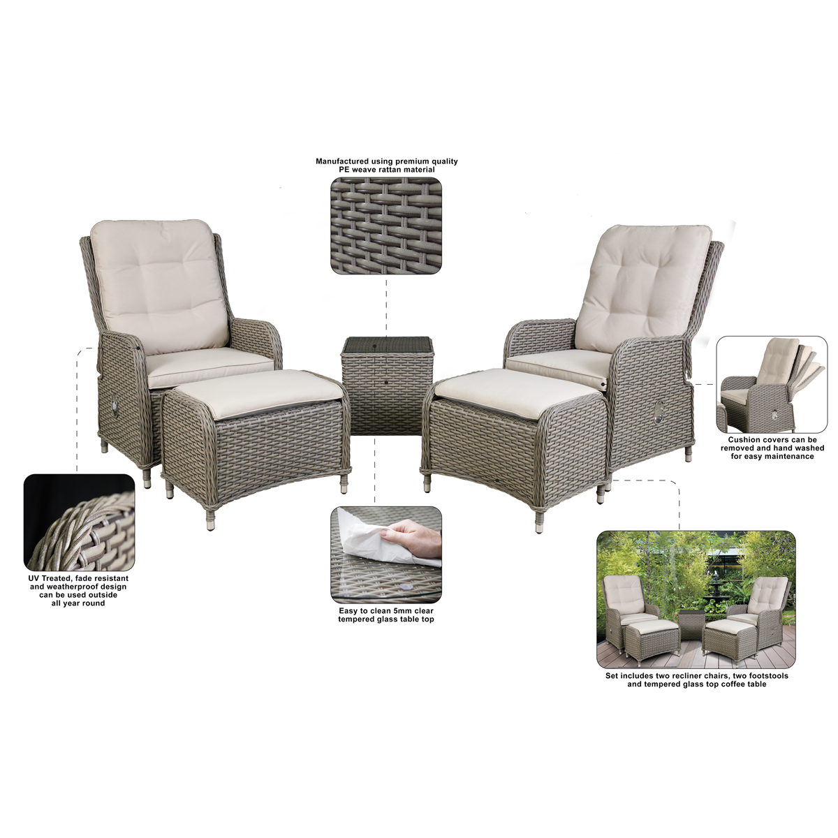 Chester Rattan Wicker Outdoor Recliner Loungers & Table Set 5pc DG68