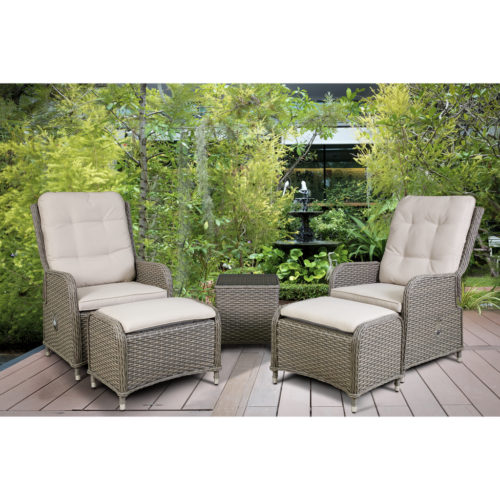 Chester Rattan Wicker Outdoor Recliner Loungers & Table Set 5pc DG68