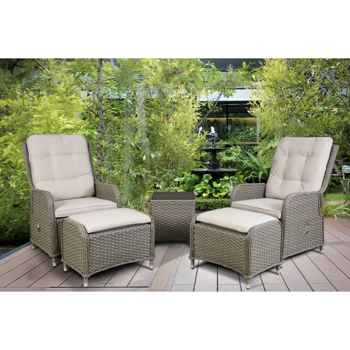 Chester Rattan Wicker Outdoor Recliner Loungers & Table Set 5pc DG68