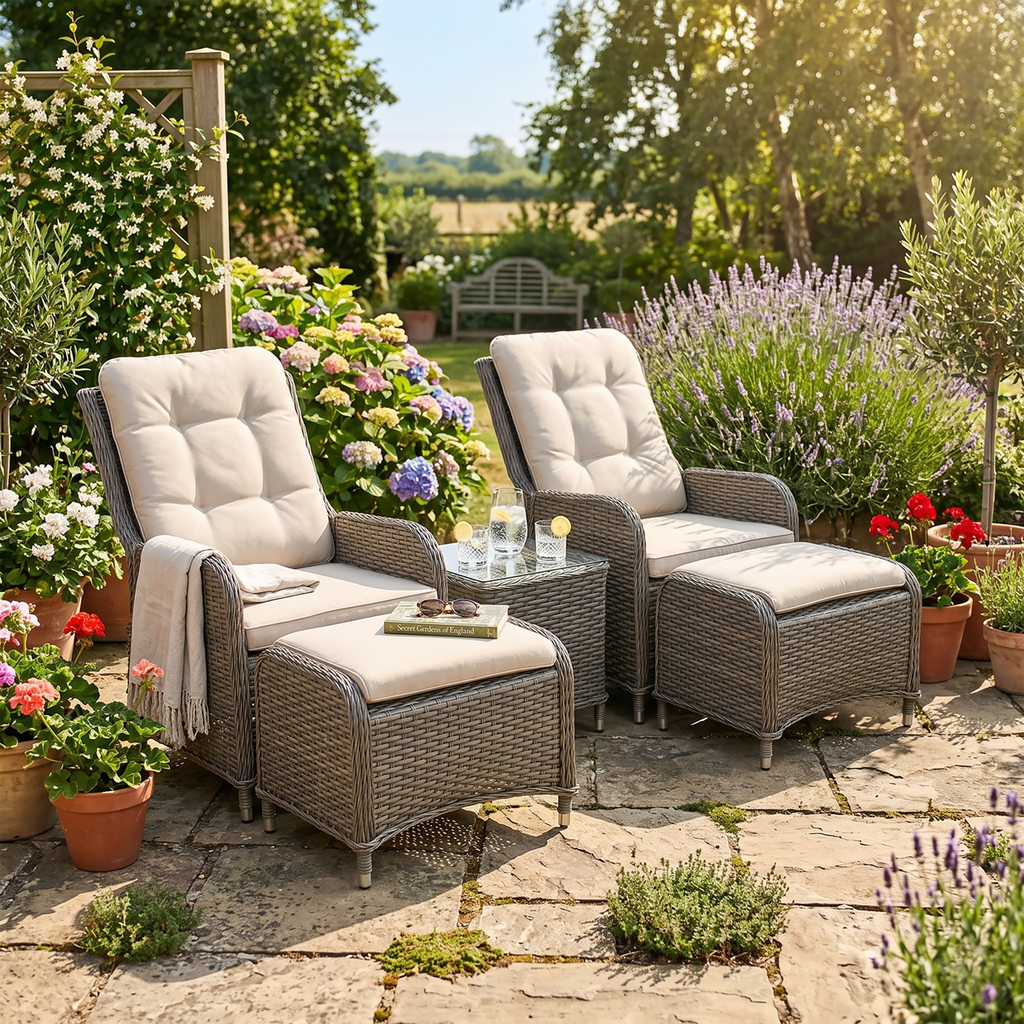 Chester Rattan Wicker Outdoor Recliner Loungers & Table Set 5pc DG68