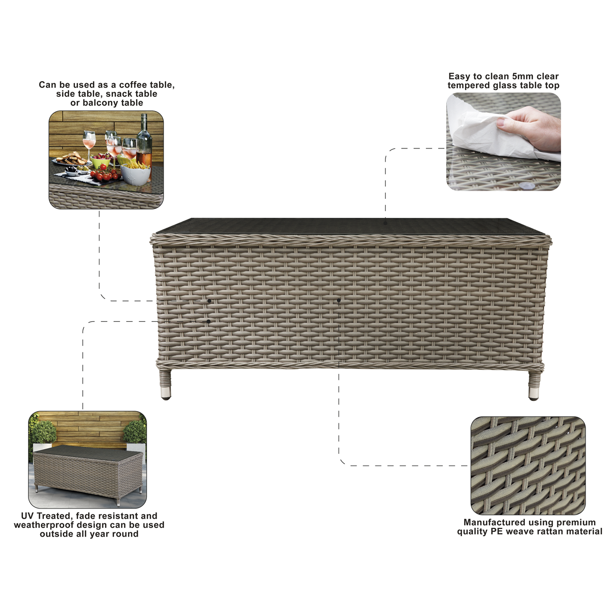 Chester Rattan Wicker Outdoor Balcony Table with Tempered Glass Top DG71