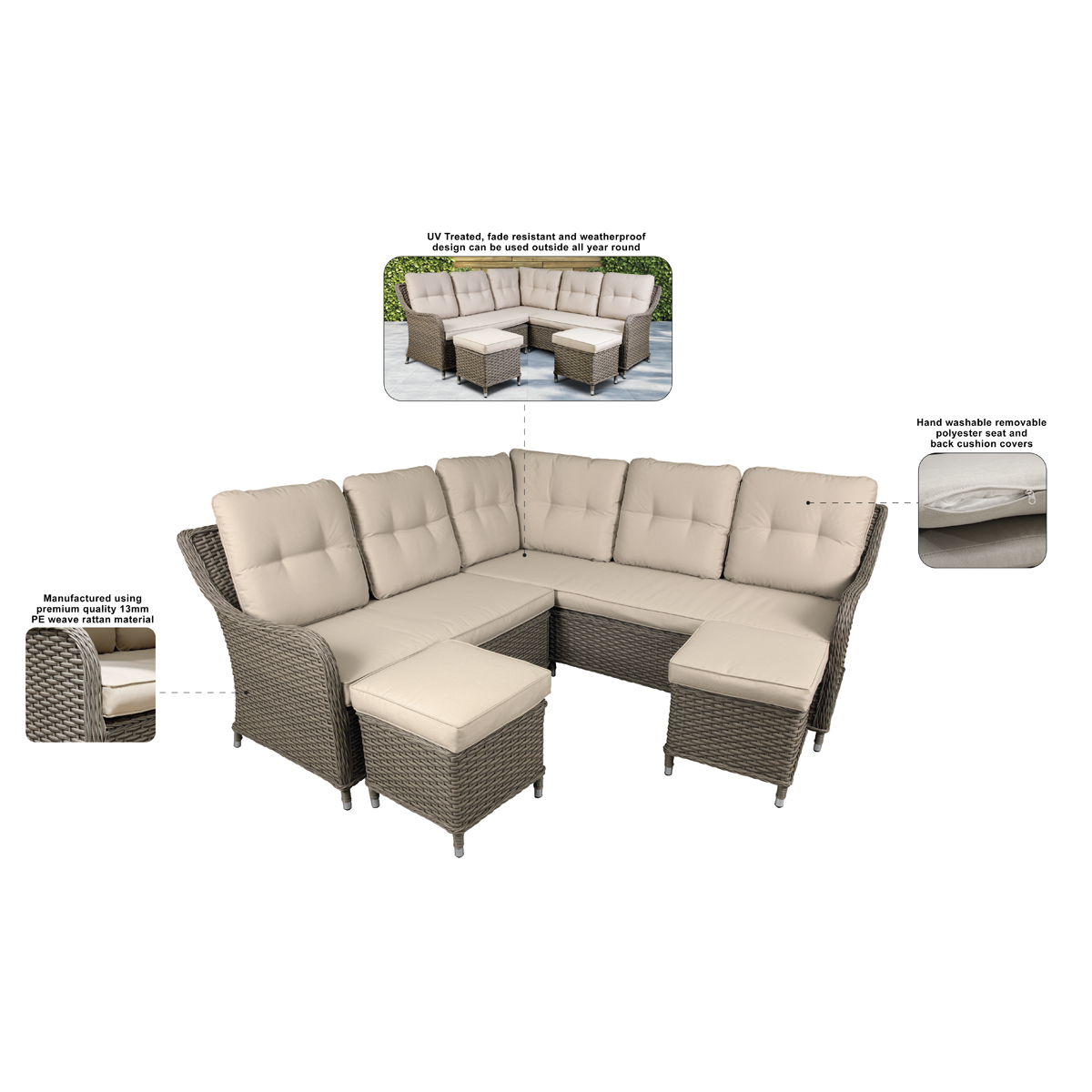 Chester Rattan Wicker Outdoor 5-Seater Corner Sofa Set 4pc DG72