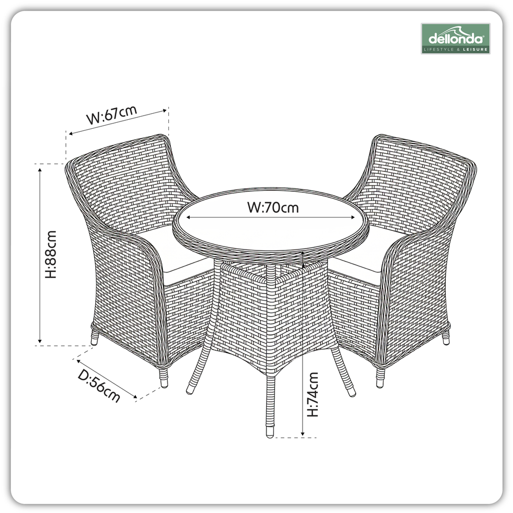Chester Rattan Wicker Outdoor Dining Set with Tempered Glass Tabletop 3pc DG86