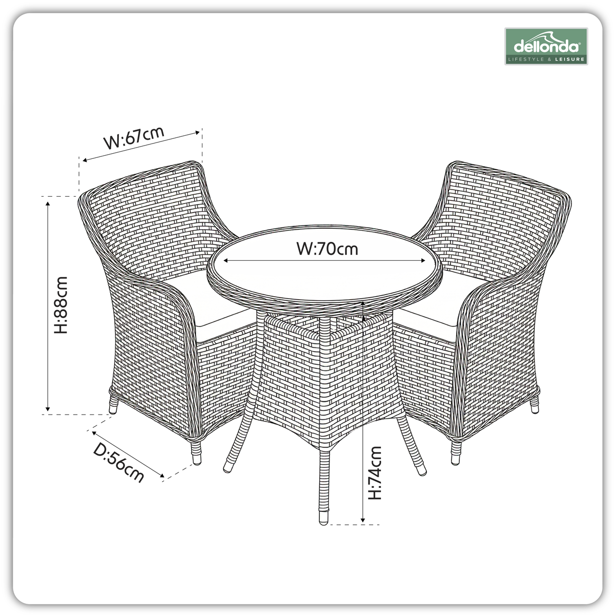 Chester Rattan Wicker Outdoor Dining Set with Tempered Glass Tabletop 3pc DG86