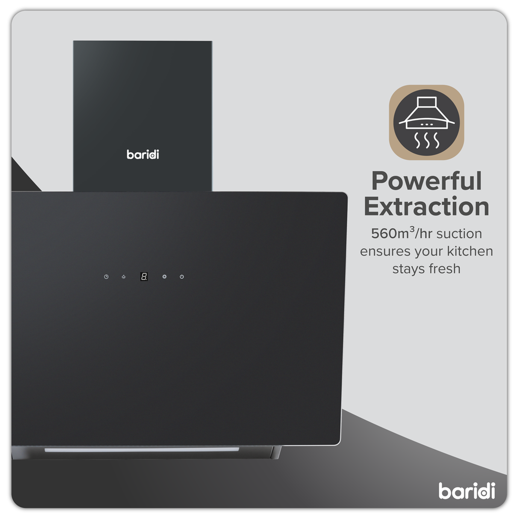 Baridi Angled Chimney Cooker Hood with Touch Controls & Carbon Filters 60cm - Black Glass DH105