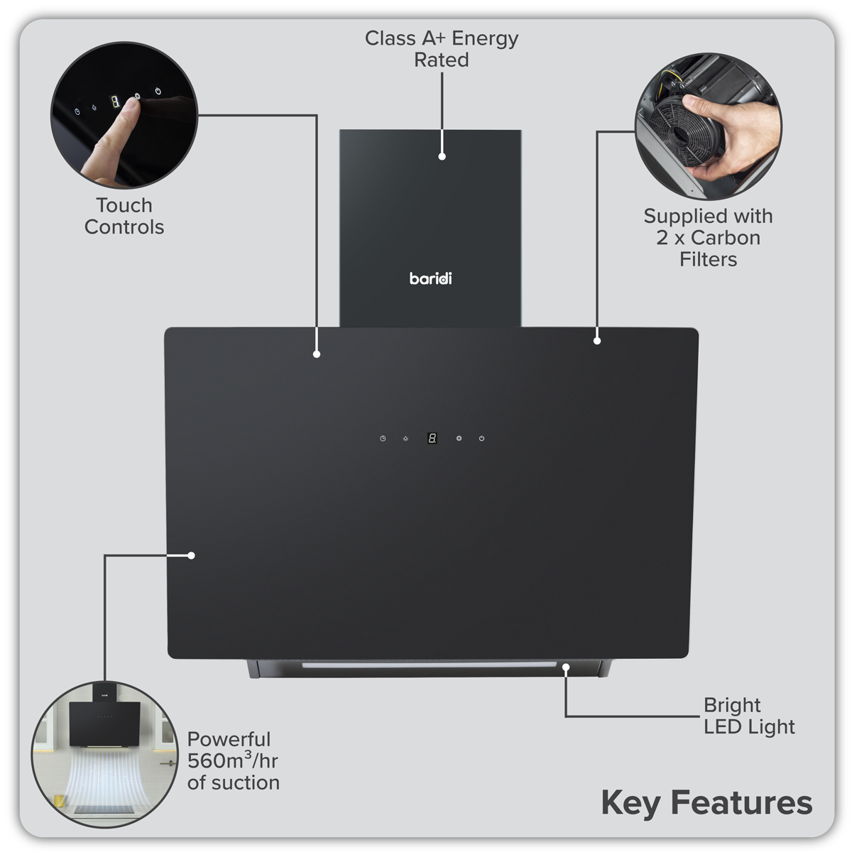 Baridi Angled Chimney Cooker Hood with Touch Controls & Carbon Filters 60cm - Black Glass DH105