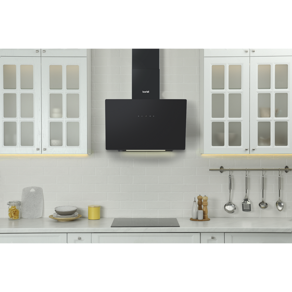 Baridi Angled Chimney Cooker Hood with Touch Controls & Carbon Filters 60cm - Black Glass DH105