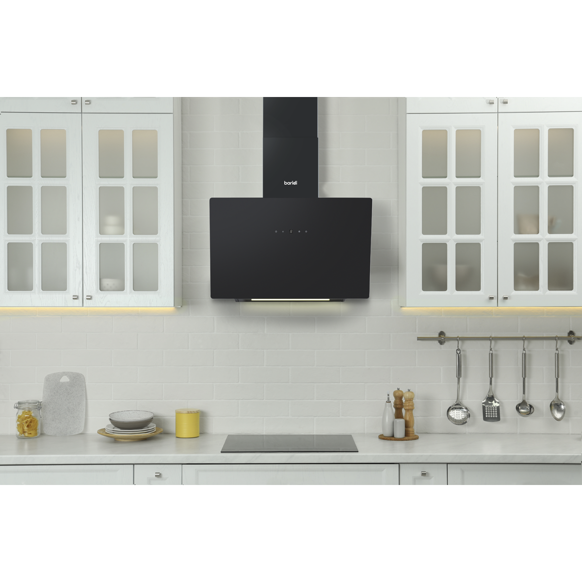 Baridi Angled Chimney Cooker Hood with Touch Controls & Carbon Filters 60cm - Black Glass DH105