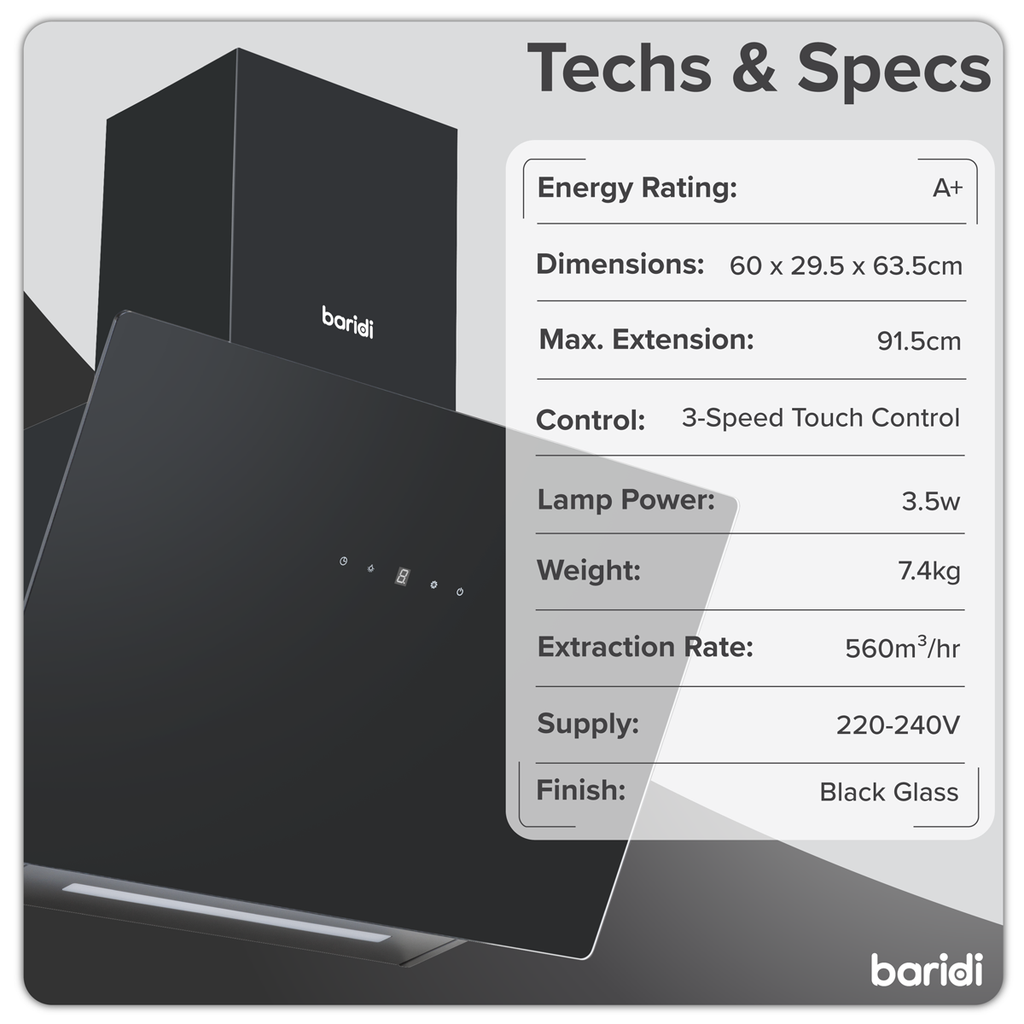 Baridi Angled Chimney Cooker Hood with Touch Controls & Carbon Filters 60cm - Black Glass DH105