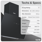 Baridi Angled Chimney Cooker Hood with Touch Controls & Carbon Filters 60cm - Black Glass DH105