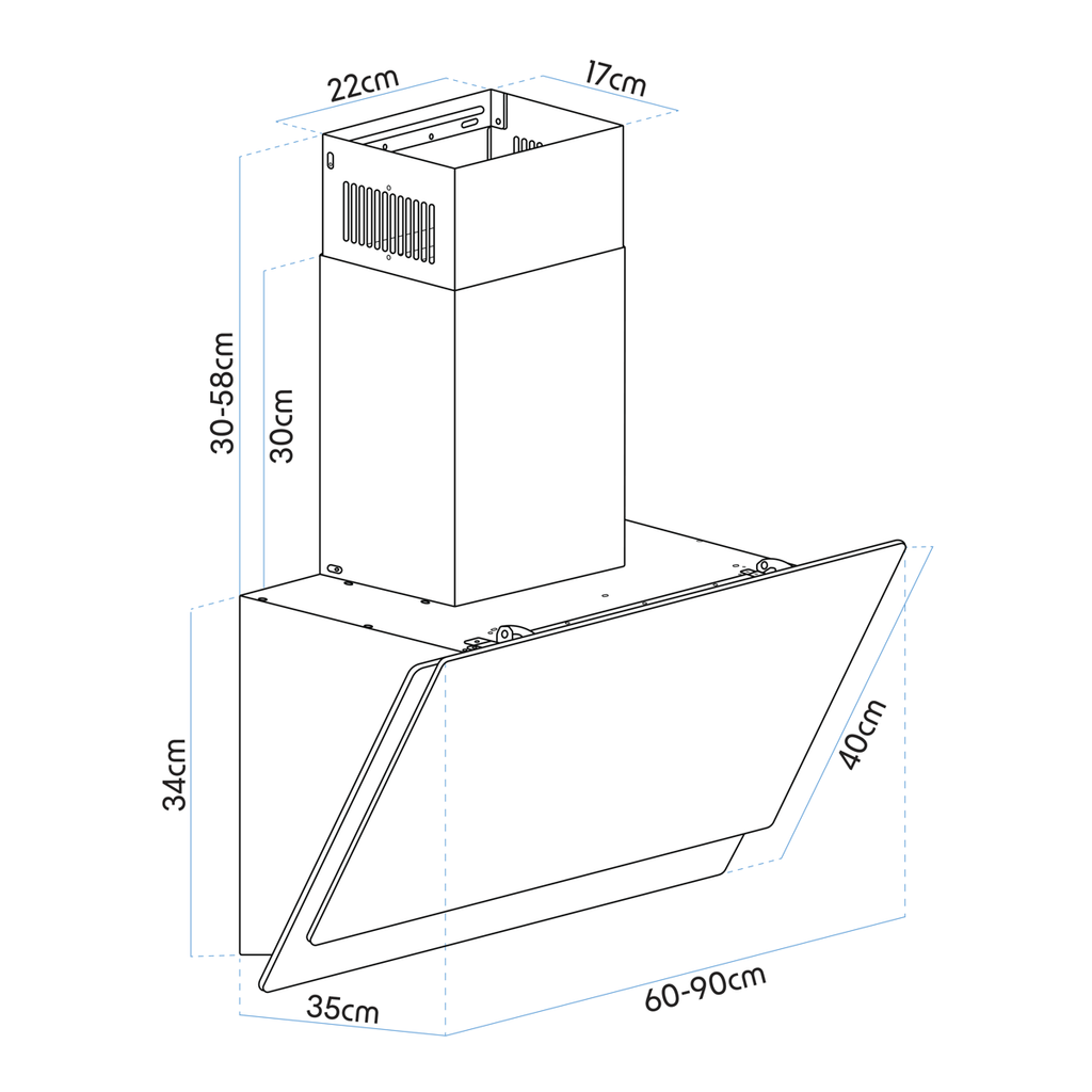 Angled Chimney Cooker Hood with Carbon Filters & LED Lamp 90cm - Black Glass DH106