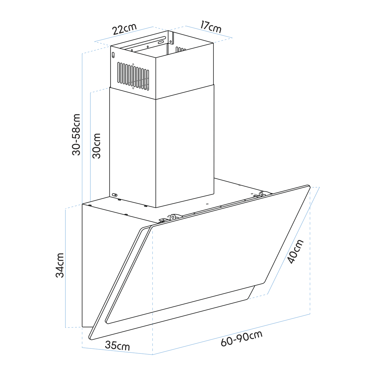 Angled Chimney Cooker Hood with Carbon Filters & LED Lamp 90cm - Black Glass DH106